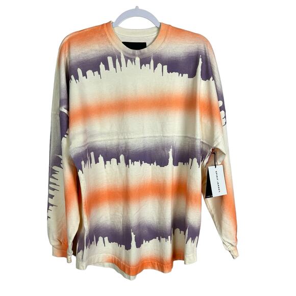 Spirit Jersey Small Tie Dye Skyline Long Sleeve Top Orange Purple Oversized NWT - Picture 1 of 7